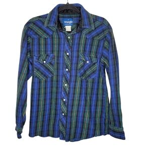 Vintage 90s Wrangler Western Shirts Plaid Pearl Snap Flannel Shirt Green Blue L